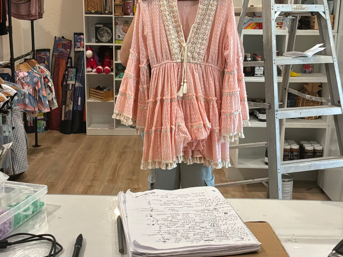 Split Embroidery Tassel Detail V-Neck Flared Short Dress POL