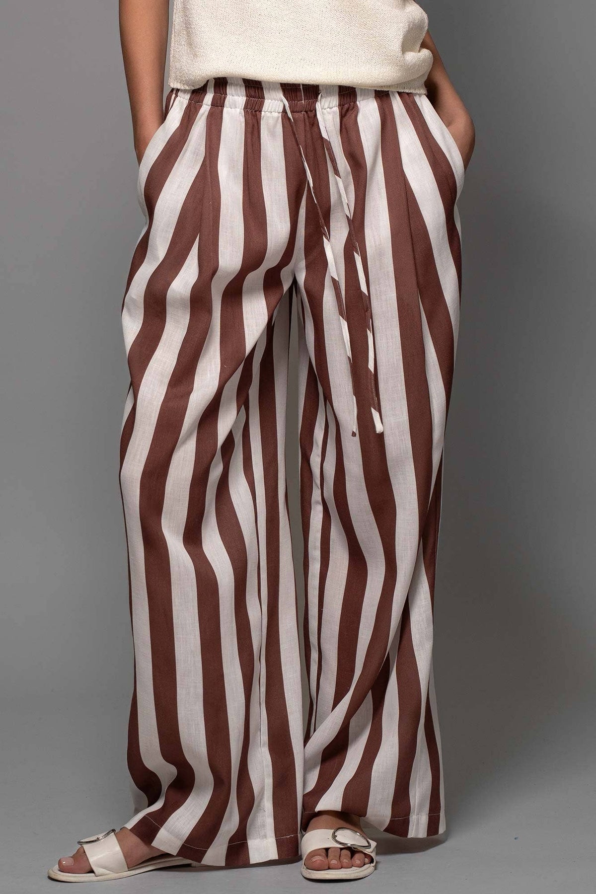 Breezy Linen-Blend Striped Wide-Leg Pants brown white Urban Daizy