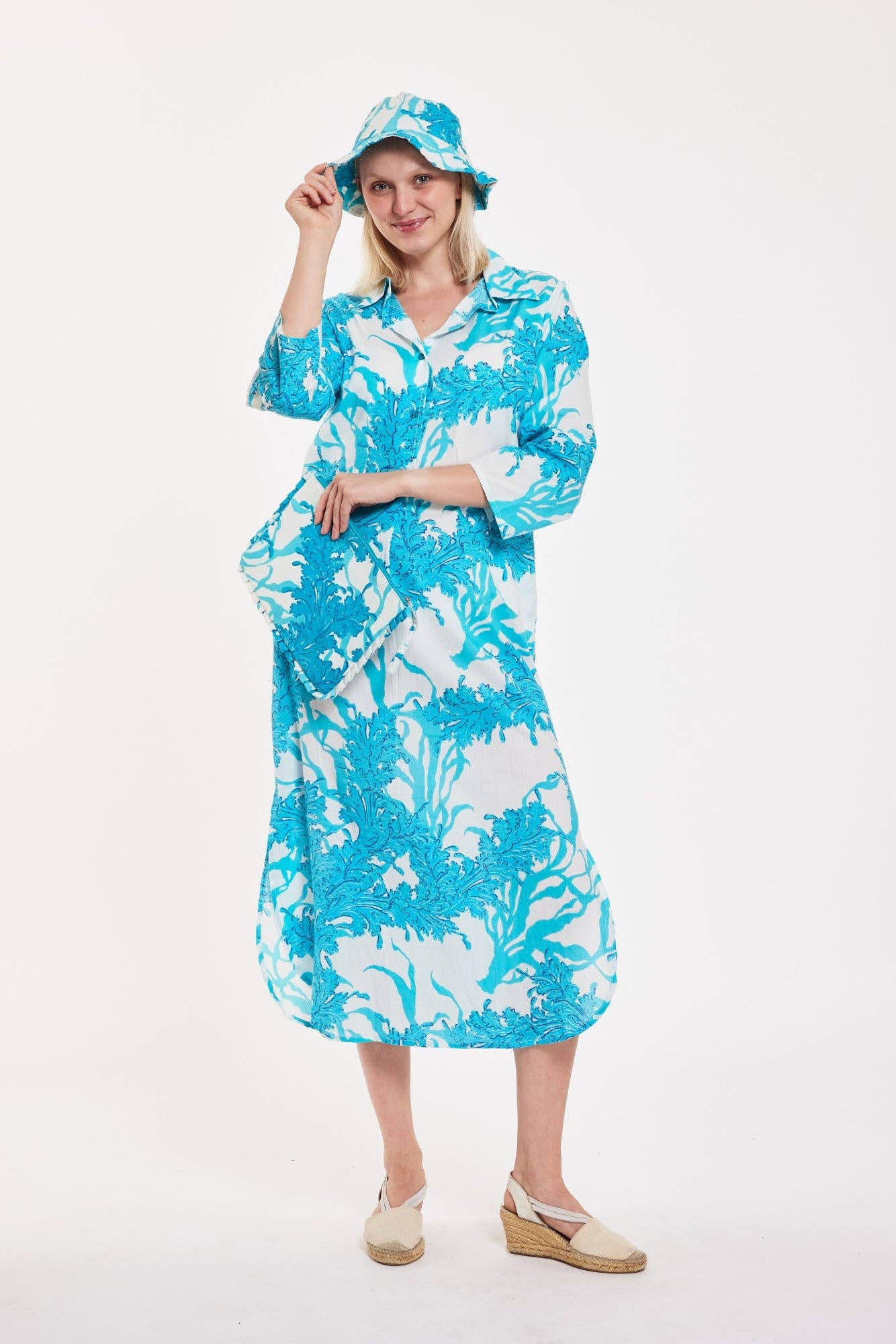 Gabriella Maxi Caftan Shirt Dress Big Coral White Blue