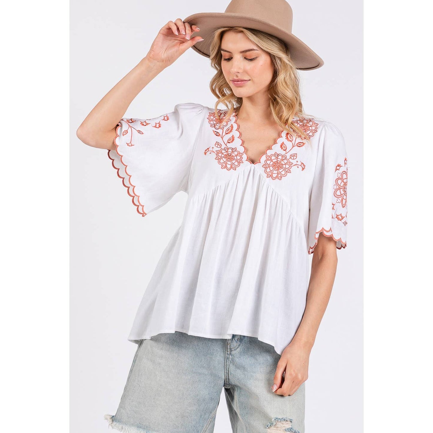 SCALLOPED BOHO EMBROIDERED BLOUSE (ST7681)