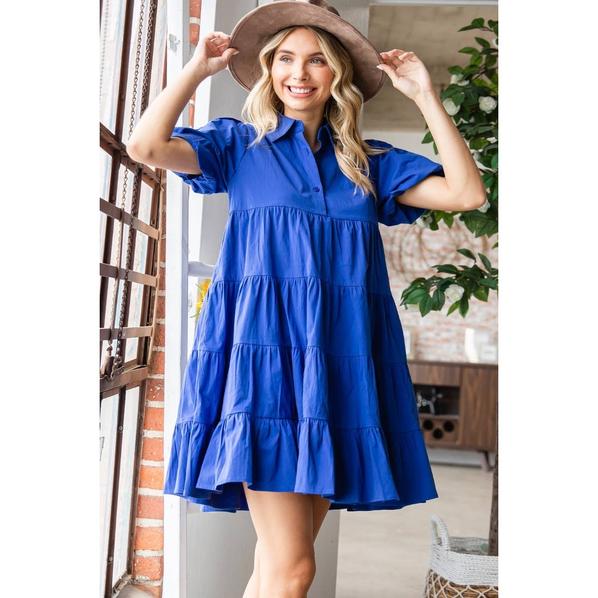 Collared Button neck Puff Sleeve Tiered Mini Dress