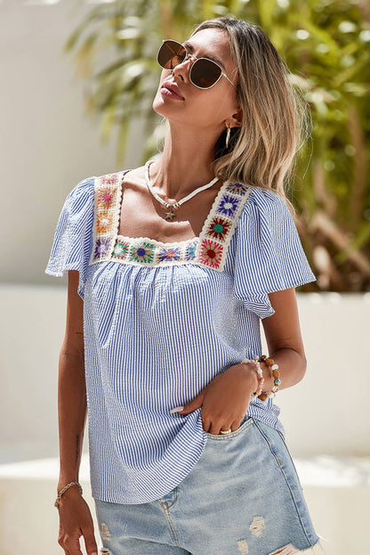 LDC Stripe Textured Ruffle Short Sleeve Boho Detail Blouse