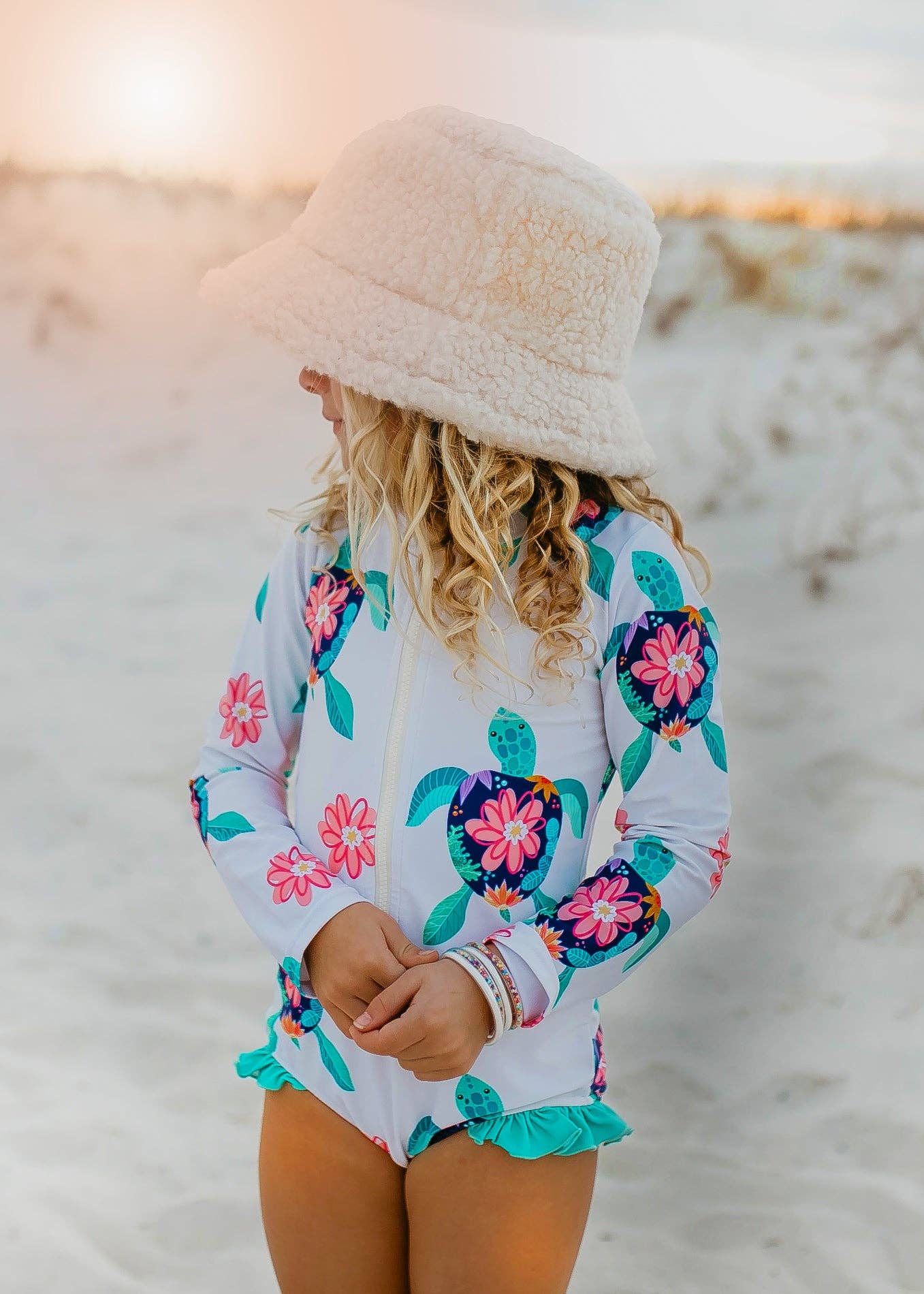 Kids White Turtle Zip Rash Guard Ruffle One Piece Swimsuit