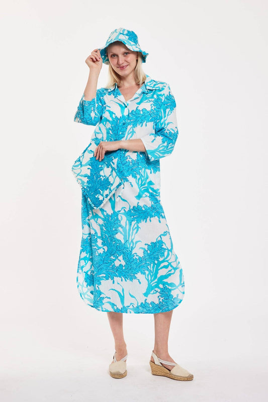 Gabriella Maxi Caftan Shirt Dress Big Coral White Blue