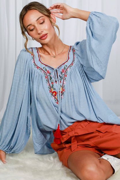 Square Tie Neck With Tassel Embroidered Bohemian Top VT82510